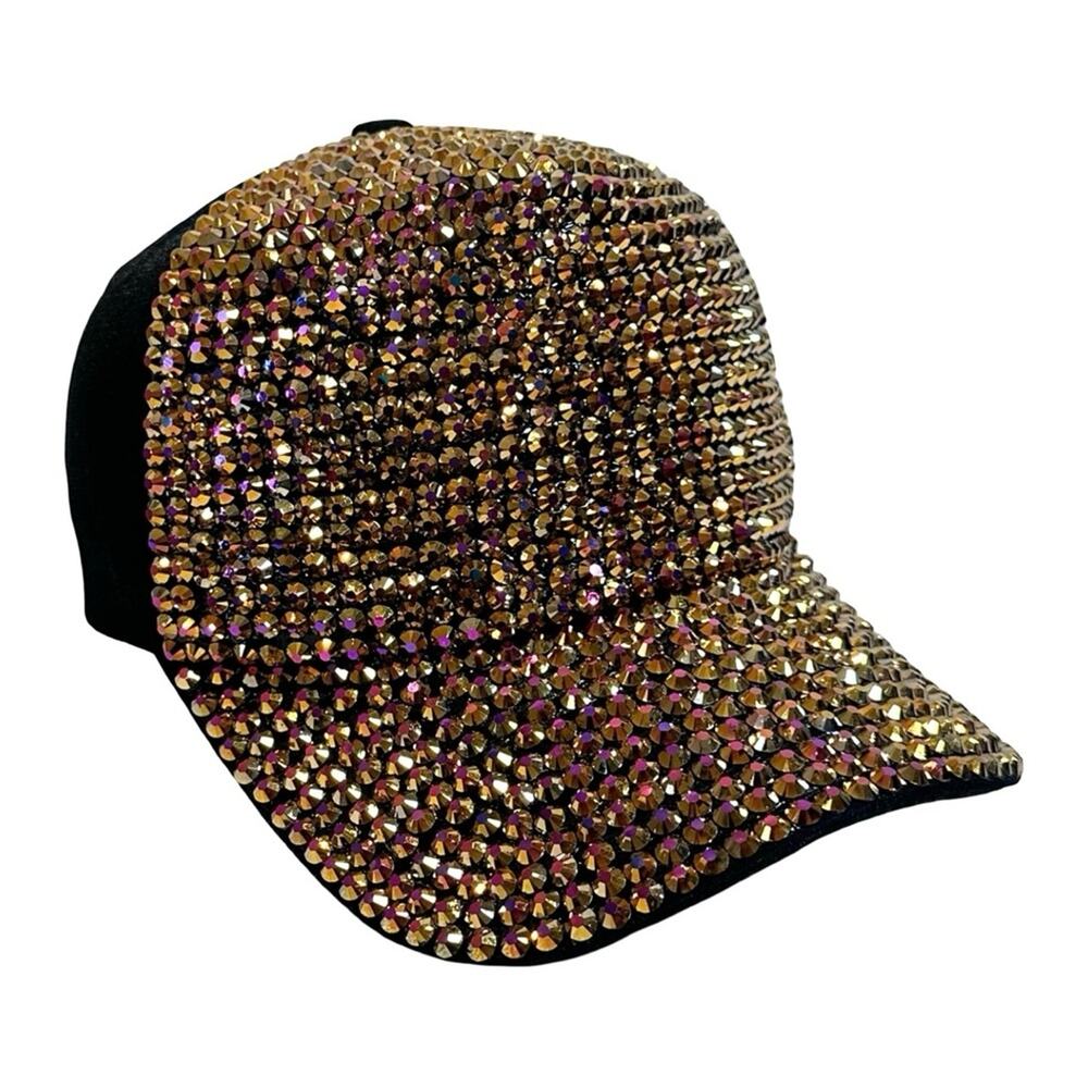 Brown Gold Iridescent Crystal Embellished Baseball Cap